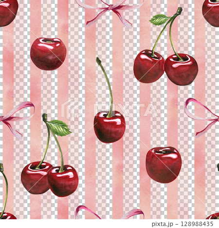 Seamless pattern hand-painted watercolor illustration with red cherries and pink bows on soft pink vertical stripes. Clean and cheerful design suitable for packaging and textiles. Seamless pattern hand-painted watercolor illustration with red cherries and pink bows on soft pink vertical stripes. Clean and cheerful design suitable for packaging and textiles. 128988435