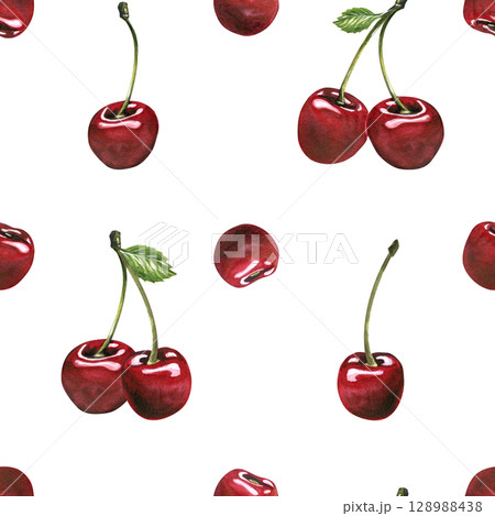 Minimal seamless pattern hand-painted watercolor illustration with scattered cherries on white background. Clean and simple fruity pattern for modern designs. Minimal seamless pattern hand-painted watercolor illustration with scattered cherries on white background. Clean and simple fruity pattern for modern designs. 128988438