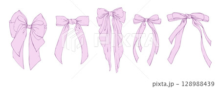 Set of large pink coquette bows with long tails made of textile satin and silk ribbons. Hand-drawn illustration in line art graphic. For women, girls, holidays, decoration, accessories and gifts. Set of large pink coquette bows with long tails made of textile satin and silk ribbons. Hand-drawn illustration in line art graphic. For women, girls, holidays, decoration, accessories and gifts. 128988439