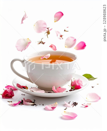 cup of tea with rose and pink rose 128988623