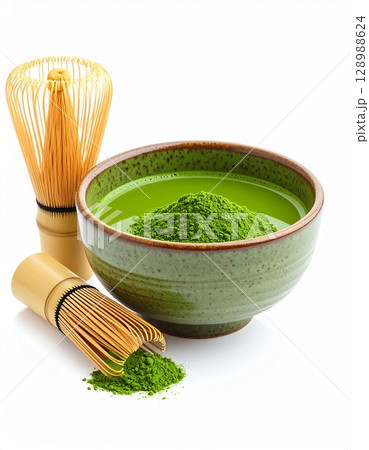 green tea powder on white background green tea powder on white background 128988624