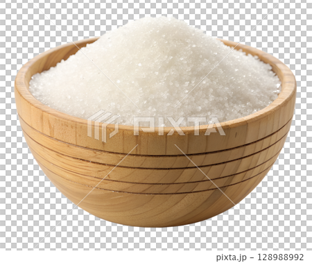 Crisp white sugar crystals piled high in a rustic wooden bowl, ready for baking and sweetening 128988992