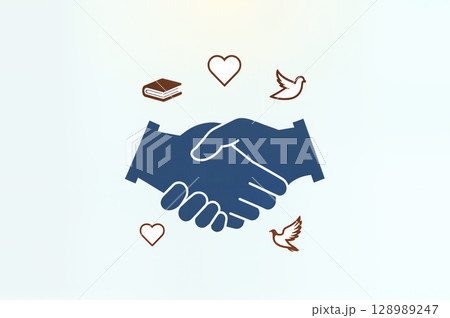 Handshake with hearts, doves, and book symbols signifying peace and knowledge Handshake with hearts, doves, and book symbols signifying peace and knowledge 128989247