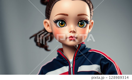 Doll with brown hair and large eyes in sporty outfit 128989314