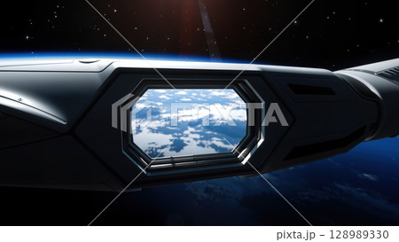 Futuristic spaceship window view of earth from orbit 128989330