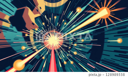 Abstract explosive burst with radiating lines and geometric shapes 128989338