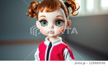 Cute redhead doll in pink jacket with big blue eyes in sunlit room 128989340