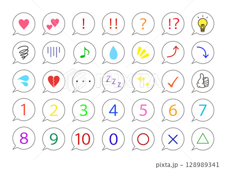 カラフルな吹き出しアイコンと記号のセット素材｜吹き出し,電球,Zzz,感嘆符,いいね,三角 128989341