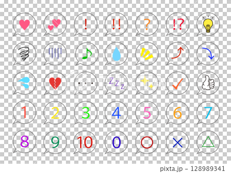 カラフルな吹き出しアイコンと記号のセット素材｜吹き出し,電球,Zzz,感嘆符,いいね,三角 128989341