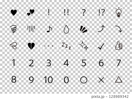 モノクロ記号アイコンセットのベクター素材｜Zzz,電球,感嘆符,いいね,点々 128989342