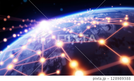 Global network connectivity illuminating a digital world with interconnected nodes 128989388