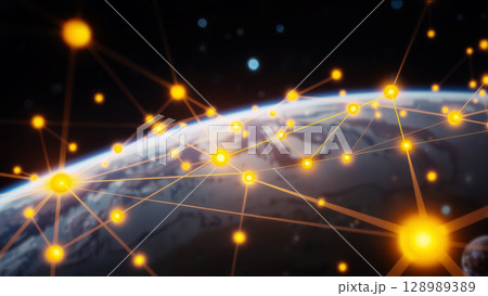 Glowing network nodes connecting across earth's surface with cosmic background Glowing network nodes connecting across earth's surface with cosmic background 128989389