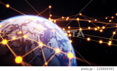 Global network visualization with illuminated connections around earth Global network visualization with illuminated connections around earth 128989391
