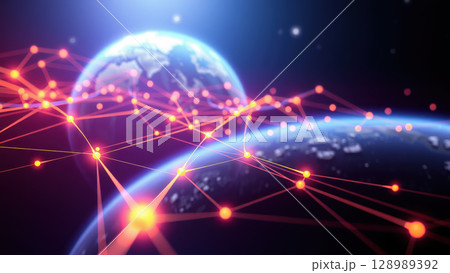 Glowing network of red lines and nodes over earth in space Glowing network of red lines and nodes over earth in space 128989392