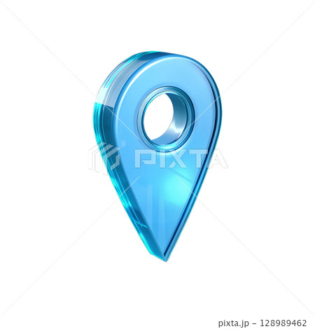 Stunning translucent blue glass map pin icon symbolizing location, navigation, and destination 128989462