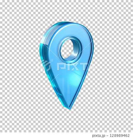 Stunning translucent blue glass map pin icon symbolizing location, navigation, and destination 128989462