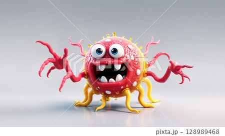 Colorful cartoon blob character with tentacles and big eyes on gray background 128989468
