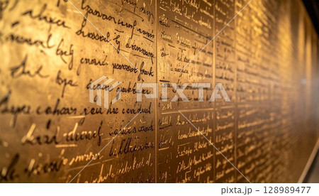 金色の壁に書き込まれた文字 金色の壁に書き込まれた文字 128989477