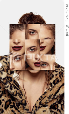 Contemporary collage of woman face assembled from cutout fragments with intense eye contact 128989638