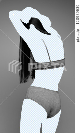 Surreal collage of faceless woman in grayscale underwear with body silhouette cut out Surreal collage of faceless woman in grayscale underwear with body silhouette cut out 128989639