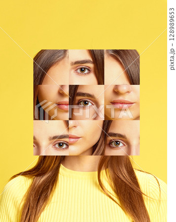 Creative collage of young woman face built from smiling and serious fragments on yellow background Creative collage of young woman face built from smiling and serious fragments on yellow background 128989653