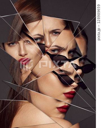 Modern poster. Fragmented portrait of woman in mirror shards with multiple emotions and red lipstick 128989659