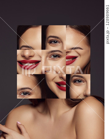Creative collage of smiling woman made from facial fragments with red lipstick on dark background 128989661