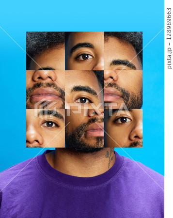 Creative composition of male face built from multiple eyes and noses on cyan background Creative composition of male face built from multiple eyes and noses on cyan background 128989663