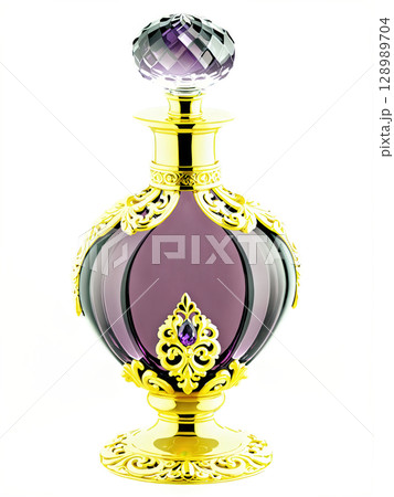 Luxurious Amethyst Perfume Decanter, rich, purple glass, gold accents, ornate design, isolated on a regal plum background. Luxurious Amethyst Perfume Decanter, rich, purple glass, gold accents, ornate design, isolated on a regal plum background. 128989704
