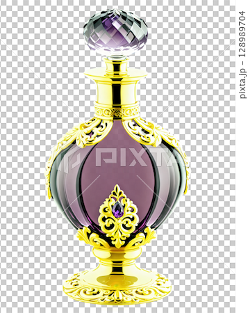 Luxurious Amethyst Perfume Decanter, rich, purple glass, gold accents, ornate design, isolated on a regal plum background. Luxurious Amethyst Perfume Decanter, rich, purple glass, gold accents, ornate design, isolated on a regal plum background. 128989704