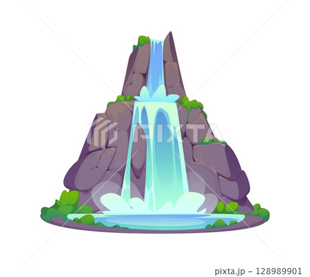 Pirate treasure island constructor icon of waterfall water cascade on mountain rock, cartoon vector. Pirate Caribbean adventure and treasure island constructor of cliff waterfall cascade and lake 128989901