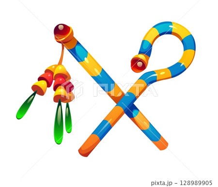 Ancient Egyptian game icon featuring crossed colorful crooks adorned with hanging ornaments. Vector symbol of royalty, treasure, asset or divine authority in historical or mythology themed games Ancient Egyptian game icon featuring crossed colorful crooks adorned with hanging ornaments. Vector symbol of royalty, treasure, asset or divine authority in historical or mythology themed games 128989905