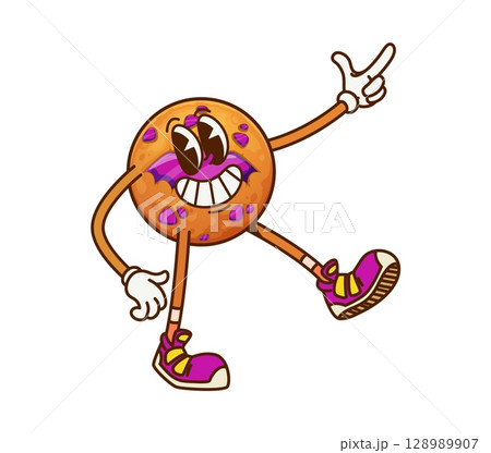 Cartoon groovy Halloween gingerbread cookie character. Vector funny sweet dessert with cute smiling face and retro sneakers flashing finger gun gesture. Baked confection for kids trick or treat party Cartoon groovy Halloween gingerbread cookie character. Vector funny sweet dessert with cute smiling face and retro sneakers flashing finger gun gesture. Baked confection for kids trick or treat party 128989907