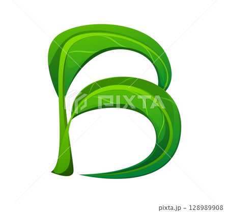 Fresh green leaf font letter B. Environment clean ecology latin type symbol, plant cartoon isolated vector typeset letter. Nature green leaf kids ABC typeface sign or English alphabet font element 128989908