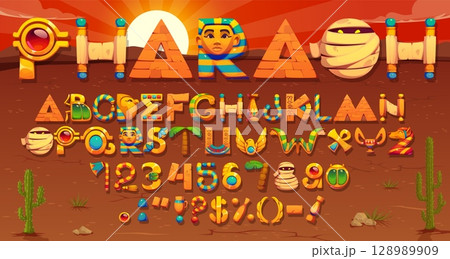 Ancient Egyptian font or pharaoh typeface and cartoon mythology type, vector arcade game alphabet. Ancient Egypt font letters of pharaoh pyramid and mummy with scarab and papyrus hieroglyphs typeface 128989909