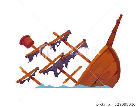 Pirate treasure island constructor of sunken ship of corsair sailboat, cartoon vector. Kids game constructor element of pirate Caribbean adventure, boat or corsair shipwreck sunken in sea or ocean 128989916