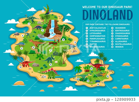 Dino park island map for prehistoric museum or kids paleontology game, vector infographics. Jurassic dinosaurs park island map with prehistoric lizards, reptiles and dino animals species information Dino park island map for prehistoric museum or kids paleontology game, vector infographics. Jurassic dinosaurs park island map with prehistoric lizards, reptiles and dino animals species information 128989933