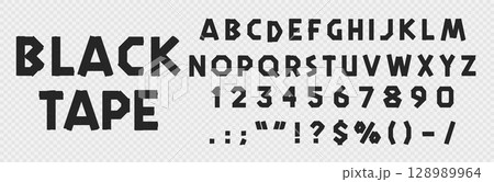 Realistic black sticky tape font, adhesive duct tape type alphabet letters, paper scotch typeface. Vector masking or duct sticky tape letters and numbers with wrinkled texture. Sticker font alphabet 128989964