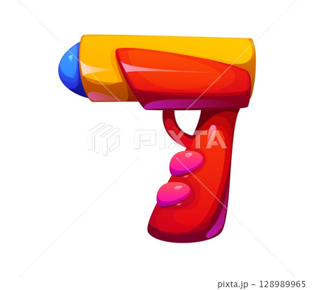Summer holiday trip cartoon font water pistol toy digit 7 seven. Summer vacation math type digit, tourist leisure vector kids ABC typeface numeral symbol. Holiday travel alphabet font number 128989965