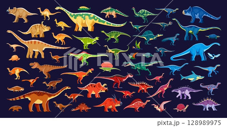 Prehistoric dinosaurs infographics. Dino species vector set. Cartoon ancient reptiles from Jurassic era. Terrestrial carnivores, omnivores, herbivores, marine reptiles and pterosaurs characters Prehistoric dinosaurs infographics. Dino species vector set. Cartoon ancient reptiles from Jurassic era. Terrestrial carnivores, omnivores, herbivores, marine reptiles and pterosaurs characters 128989975