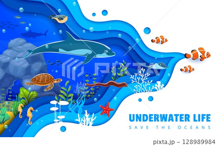 Paper cut cartoon sea underwater landscape with funny dolphin, turtle and ocean animals, vector banner. Coral reef fishes, seahorses and starfish with seaweeds in paper cut waves of sea landscape 128989984