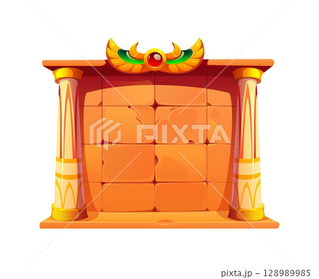 Ancient Egyptian stone wall, Egypt game icon, treasure quiz asset. Cartoon vector puzzle altar, gui vintage symbol, texture, past civilization construction with pillars, deity or pharaoh monument 128989985