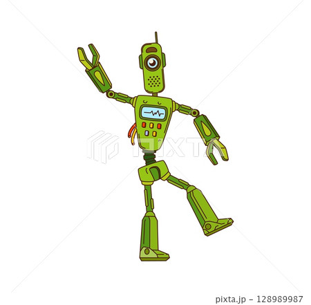 Cartoon groovy robot character with green body and one big eye. Vector comic dancing y2k droid with antenna, control panel and jointed arms. Funny retro personage in motion with vintage hippie vibe 128989987
