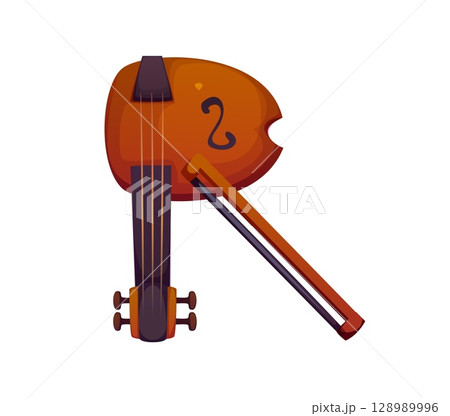 Cartoon musical font letter R as A violin with bow, stringed music instrument typeface, entertainment funny type. English alphabet. Isolated vector musician equipment abc character, typography symbol 128989996