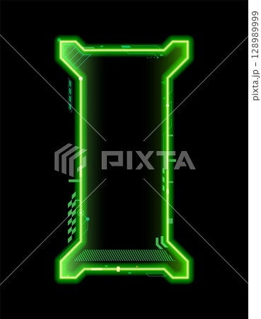 Neon frame for game asset and HUD interface overlay template, vector digital screen UI element. Neon frame for game GUI asset or HUD interface future tech control panel and display message box frame 128989999