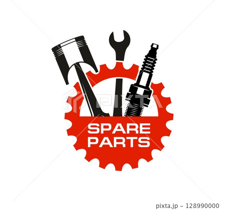 Car auto spare parts icon for automobile mechanic service station or store, vector sign. Car spare parts symbol of engine piston, spanner wrench and spark plug for automotive workshop and auto service 128990000
