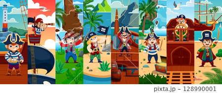 Cartoon funny kid pirates and corsair sailor characters collage, vector background. Caribbean pirates kids on ship or boat, boy captain in tricorn hat and girl skipper with spyglass at treasure island 128990001