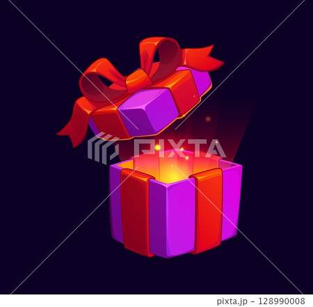 Gift box game icon with magic shine for bonus award or GUI asset, cartoon vector. Purple gift box with opening lid for game prize or surprise present and level complete reward with golden light glow Gift box game icon with magic shine for bonus award or GUI asset, cartoon vector. Purple gift box with opening lid for game prize or surprise present and level complete reward with golden light glow 128990008