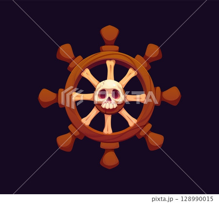 Cartoon pirate icon, corsair ship helm with skull of Jolly roger, vector symbol. Caribbean adventure pirate or corsair sailboat wheel or boat ship, wooden helm or rudder steer for pirates seafaring 128990015