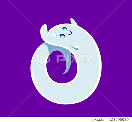 Halloween font 0 digit ghost cartoon cheerful character. Halloween creature personage English ABC figure or number or ghost funny character font typeset vector zero digit, alphabet numeral symbol 128990020
